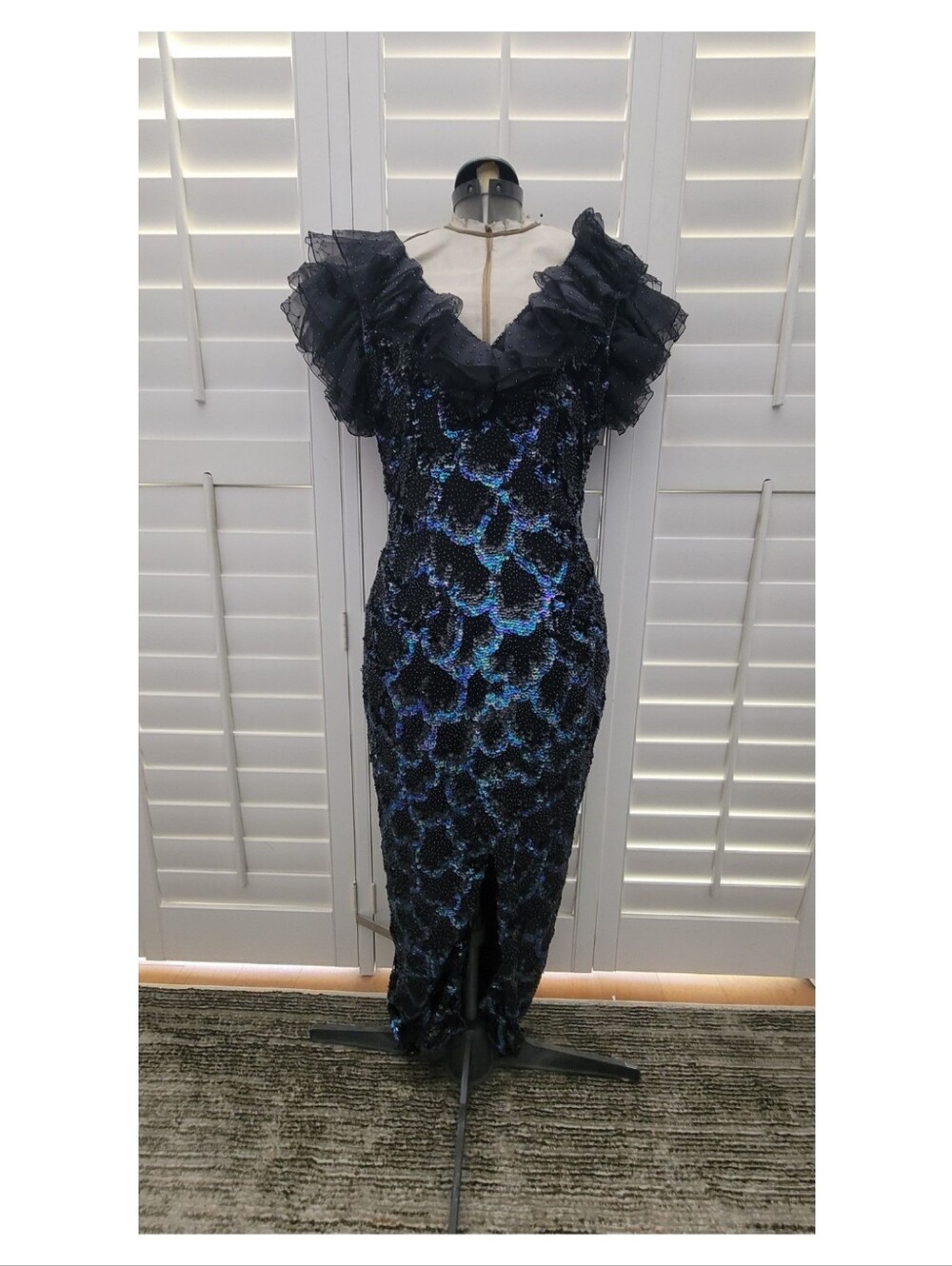Vintage 80s Landa 100% Silk Beaded Sequin Ruffle Gown
